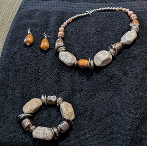 PAPARAZZI NECKLACE, Bracelet & EARRINGS CHUNKY BROWN PEACH SILVER